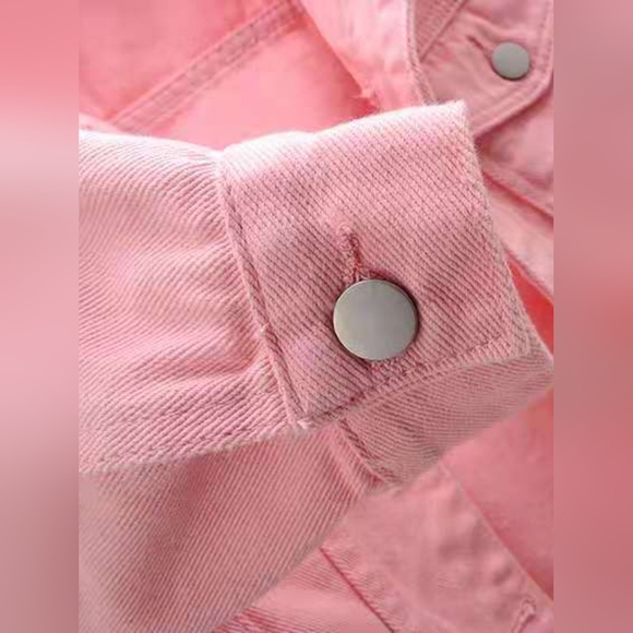 Women's Pink Cropped Denim Jacket In Full Sizes And Plus Sizes - Picture 5 of 11